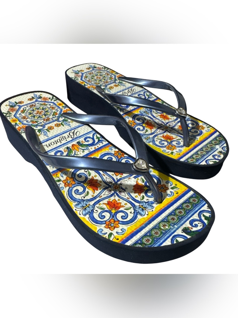 Brighton Blue Museum Wedge Sandals with Colorful Tile Print Sz 9